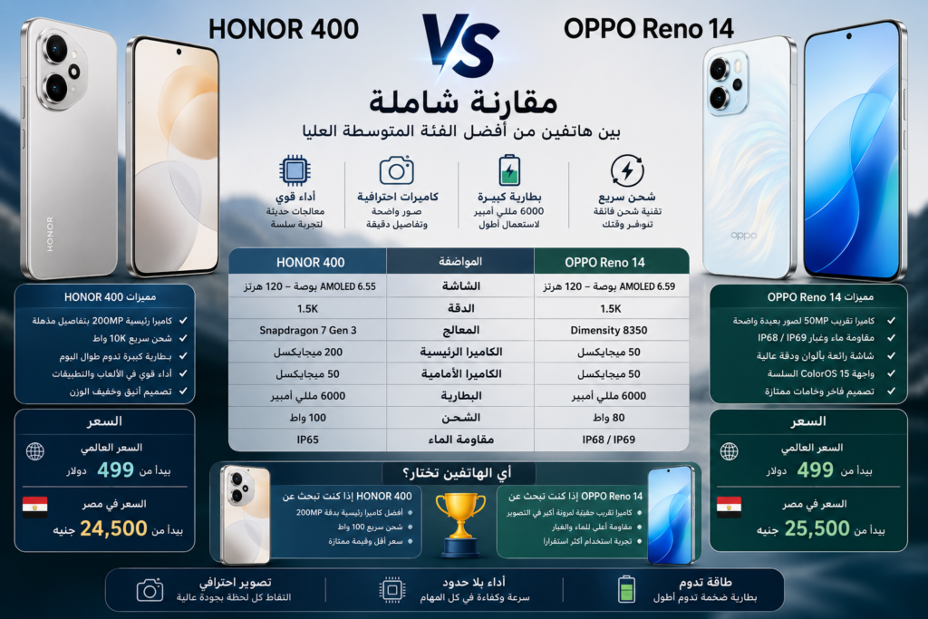 مقارنة Honor 400 vs OPPO Reno 14