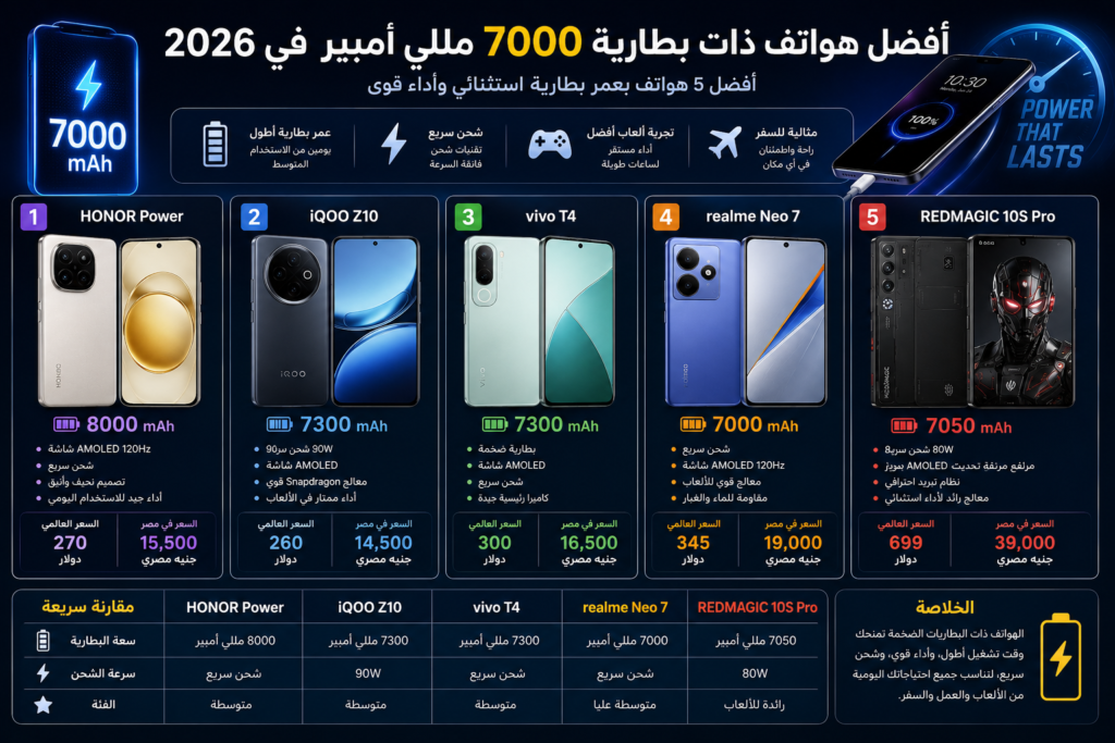 أفضل هواتف ذات بطارية 7000 مللي أمبير